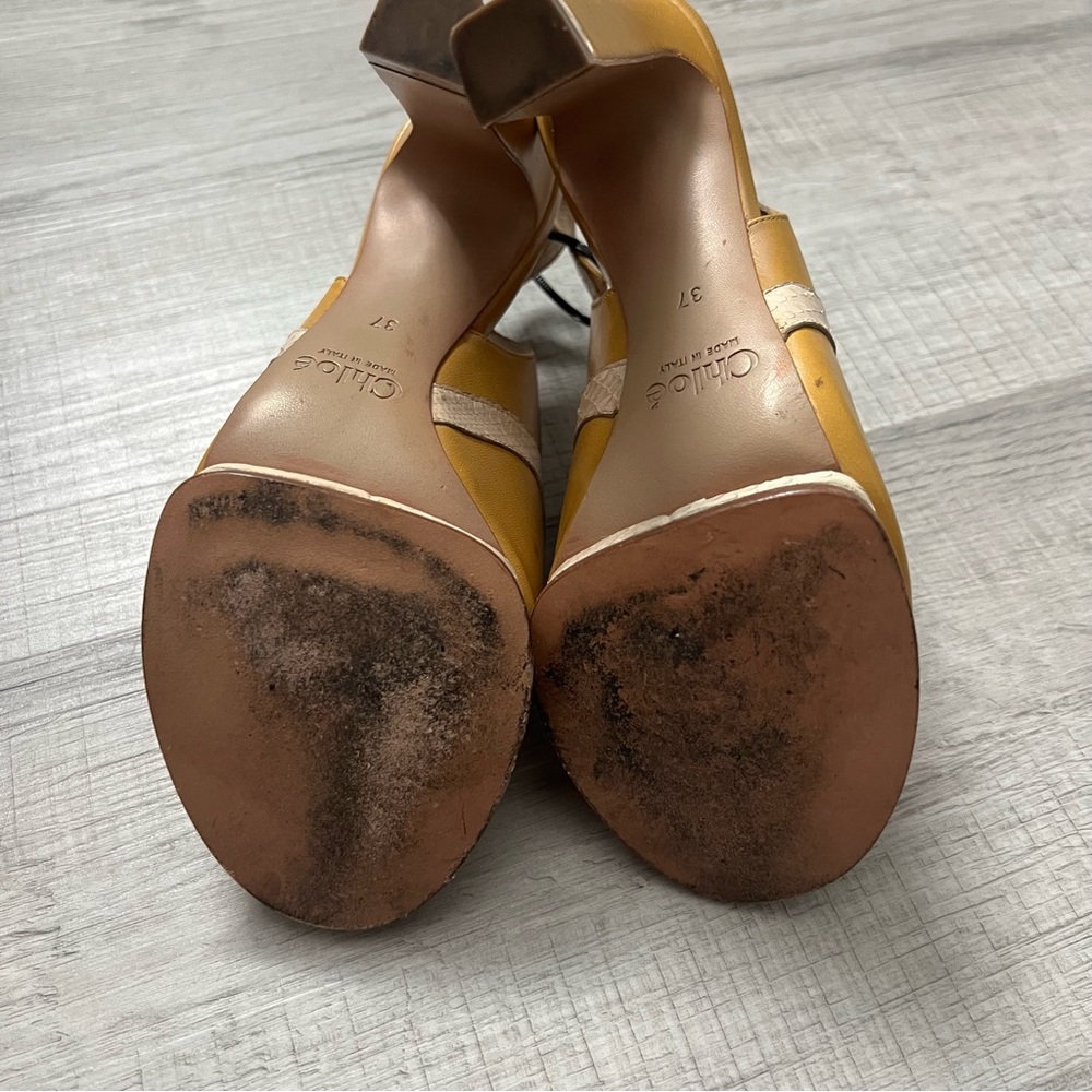 CHLOE Snakeskin Embossed And Leather Slingback Heeled Sandals 37 Mustard Cream - Picture 16 of 16